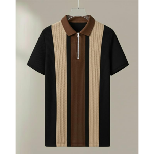 Men's Retro Cable-Knit Quarter-Zip Polo | Premium Textured Self-Design Half Sleeve T-Shirt for Men